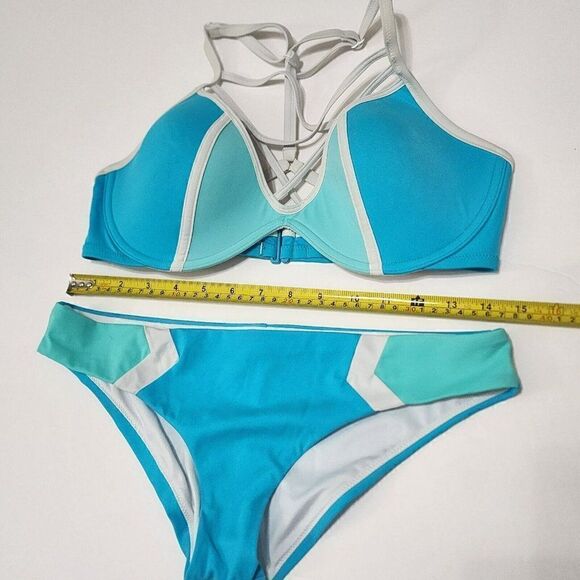 Victoria`s Secret PINK- M (D-DD)Aqua Blue Strappy Front Bikini Top & Bottom - Picture 3 of 9